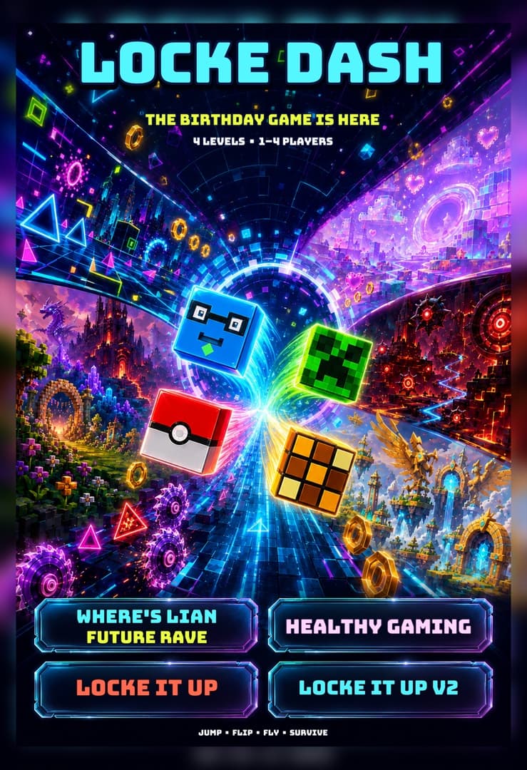 Locke Dash game launch poster featuring all four playable cube characters and the four game worlds