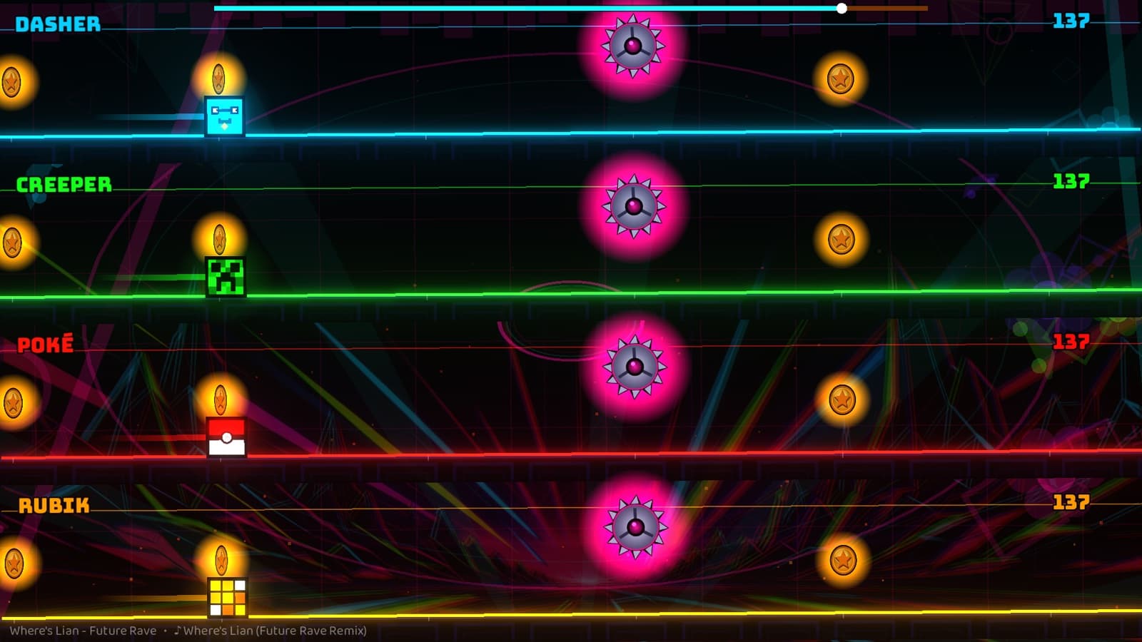 Four players dodging saw blades and collecting coins in the Future Rave level