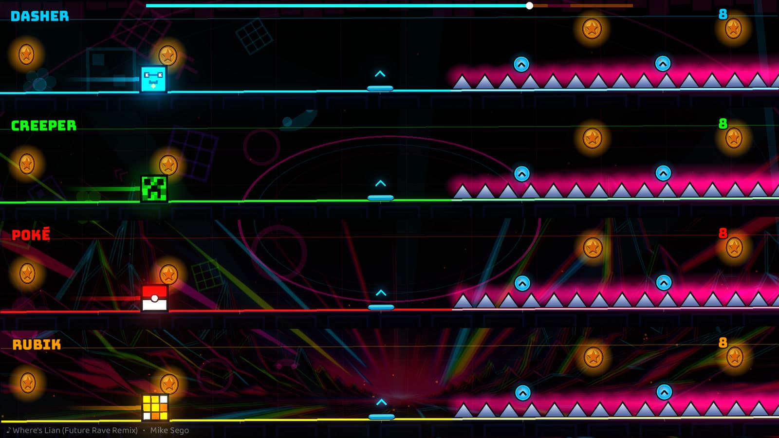 Four players timing a jump over a long neon spike bed in Where’s Lian – Future Rave