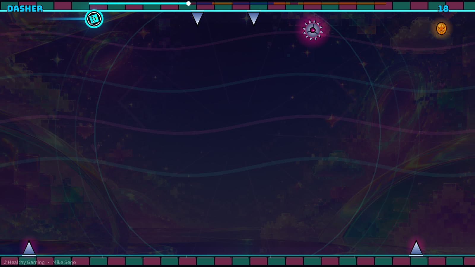 One player clinging to the ceiling in Healthy Gaming Ball mode above floor spikes