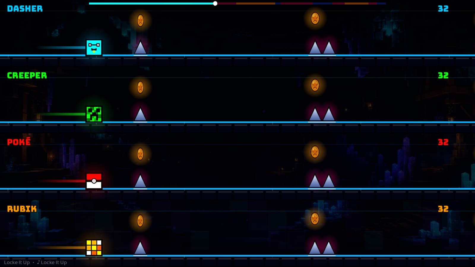 Four players in a blue crystal cave packed with spikes and a block monster