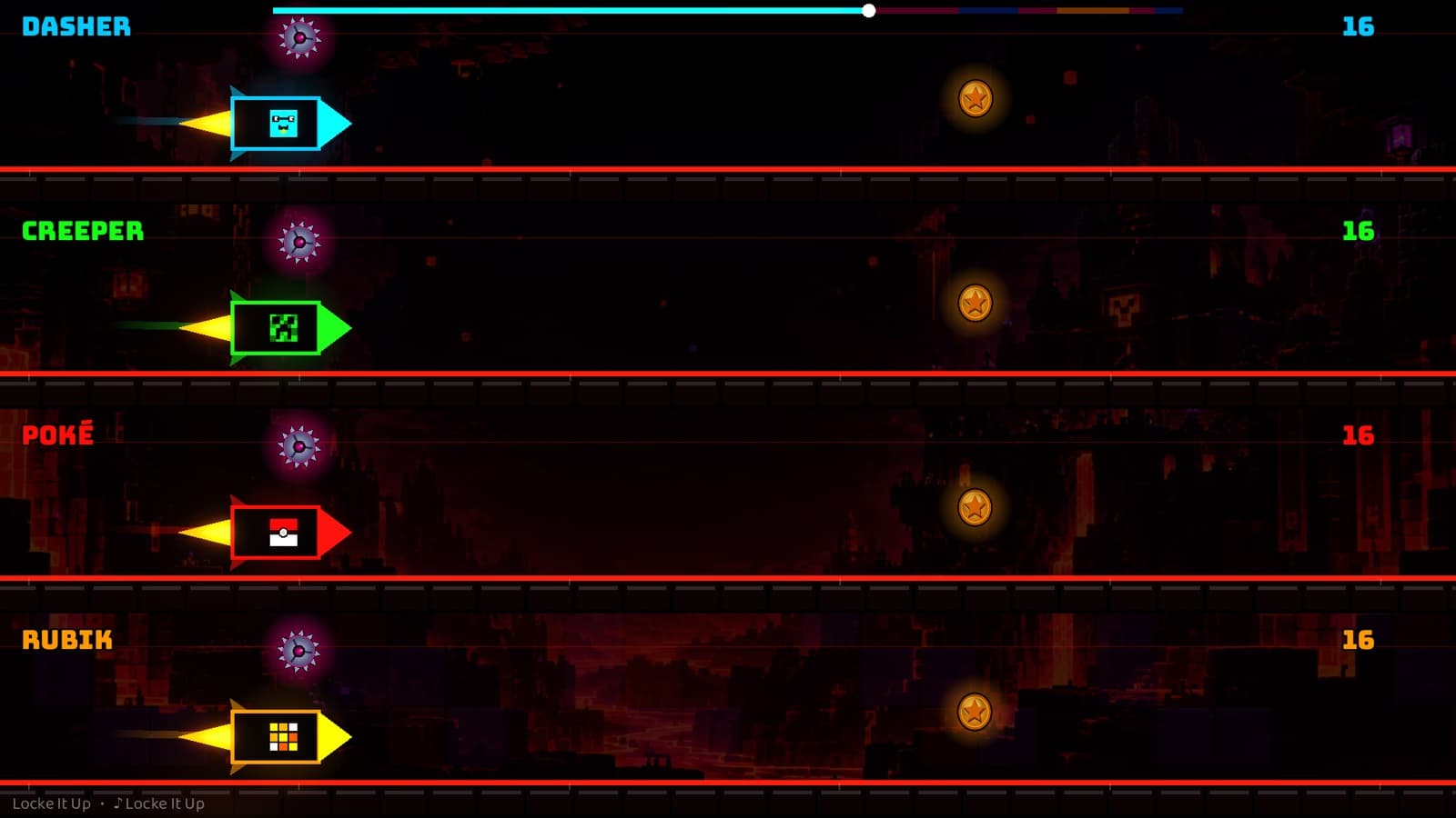 Four rocket riders navigating a fiery Locke It Up fortress