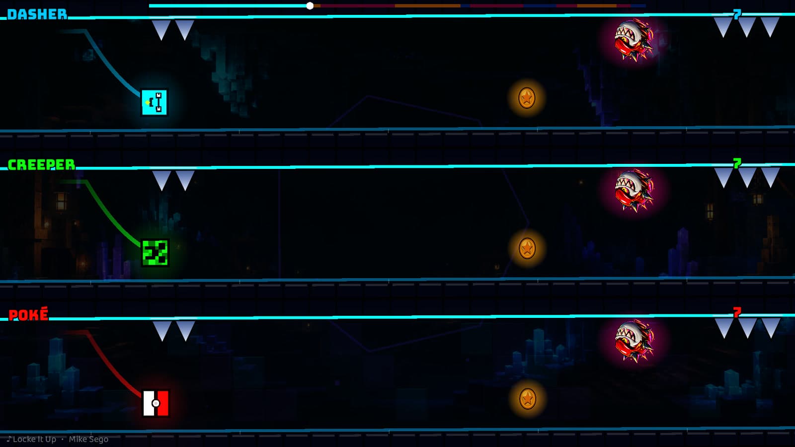 Three players facing flying block enemies and ceiling spikes in the Locke It Up crystal cave