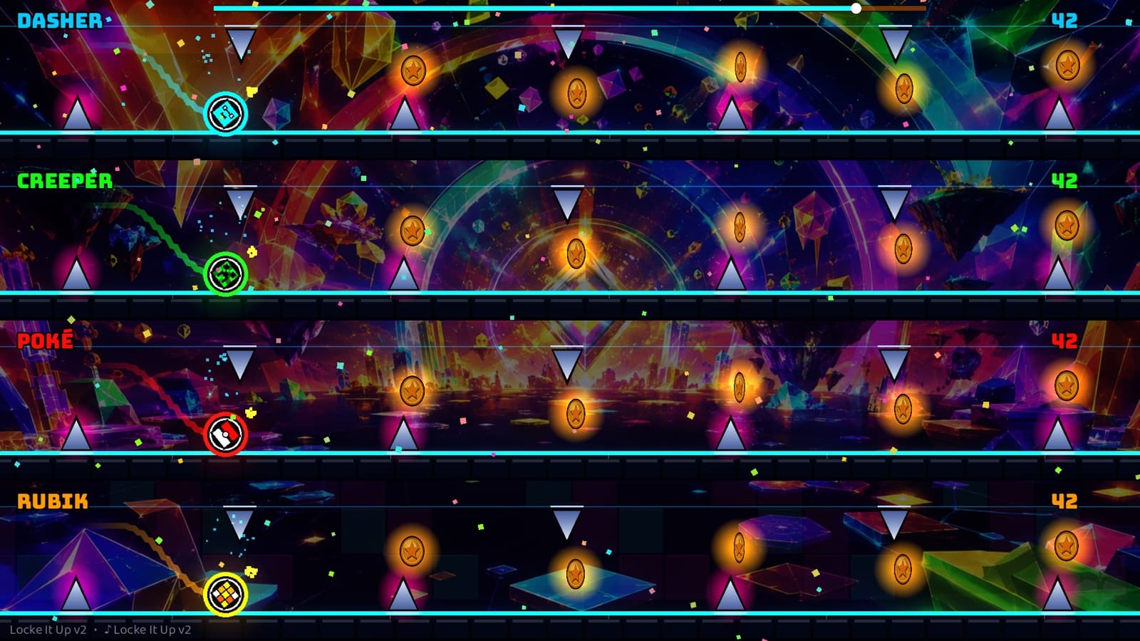 Four-player Locke It Up v2 finale filled with coins, saws, and floor and ceiling spikes