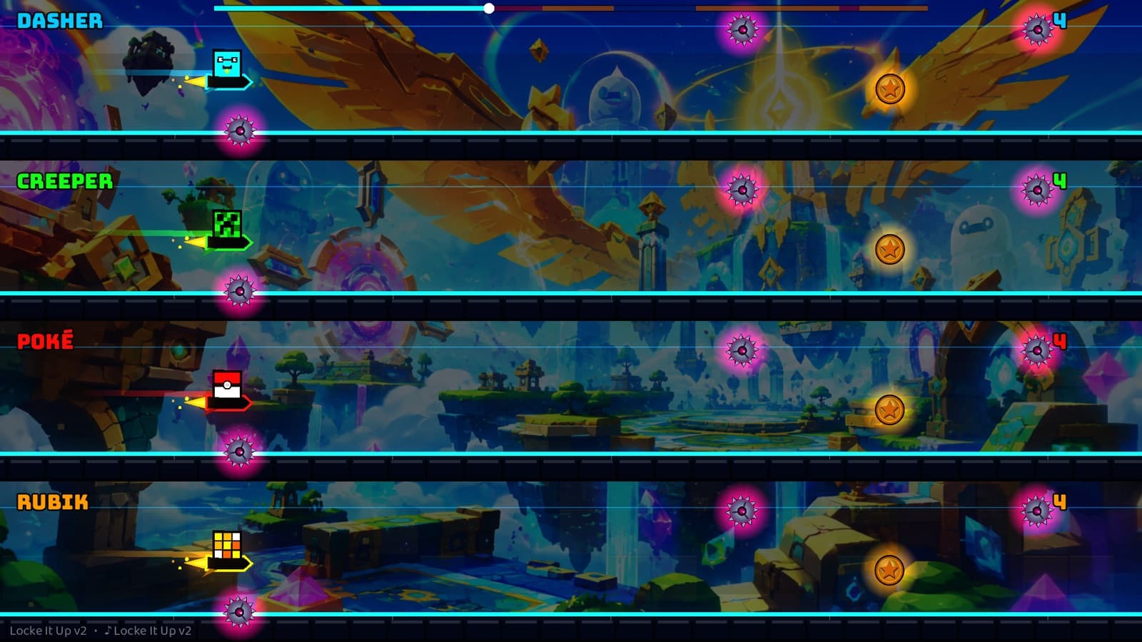 Four rocket riders flying through the Locke It Up v2 sky temple