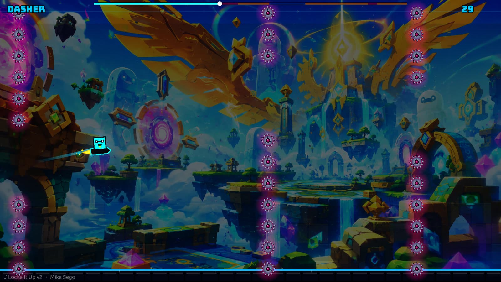 One player riding the redesigned spark-trailing rocket through a wall of saws in the sky temple
